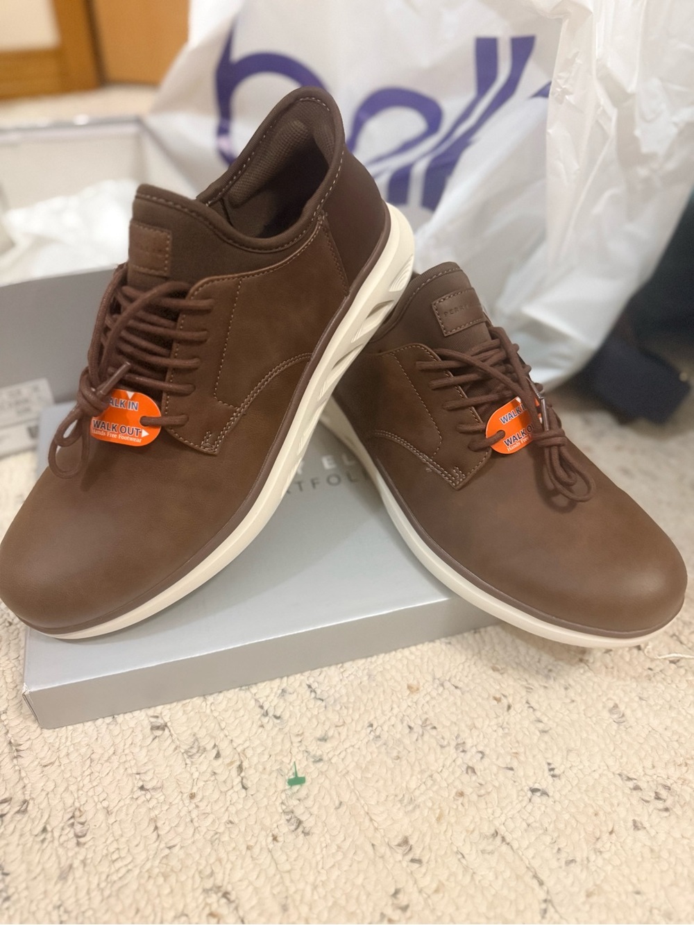 Perry Ellis Brown Leather Slip-On Lace-Up Casual Sneakers with Cream Sole
